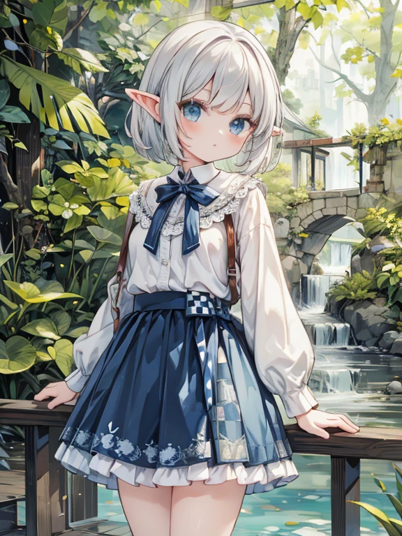 masterpiece, Highest品質, Very detailed, 16K, Ultra-high resolution、Cowboy Shot, 1 Elf girl, Detailed face、Perfect Fingers, Elf Ears, Small breasts, blue eyes, Silver Hair, Braiding, White blouse, sweater, Highest, (Checkered lace skirt:1.4), in the forest, stream, Stand on the banks of the river