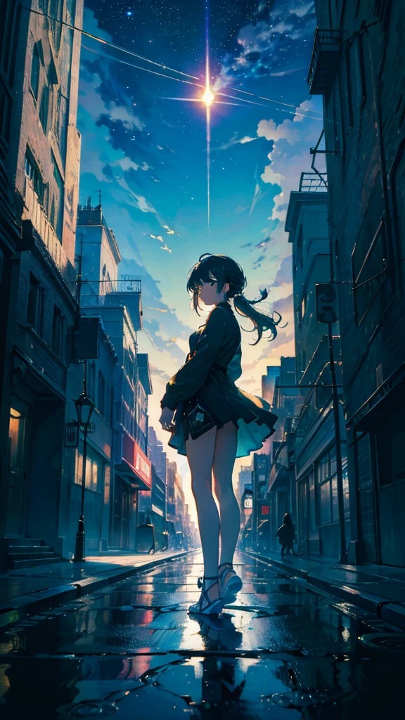 masterpiece, Exquisite detail,Highest quality, One girl, alone, handrail, cloud, Looking up at the buildings,Long Hair, zero, Long sleeve, Power lines, White footwear, Black Hair, View your viewers, Electric pole, bangs, cloudy zero, fish, bird, Green Eyes, Shorts, Day, Black Shirt, barefoot,night,Star,milky way,night,Pitch black,Buildings,metropolis,Are standing