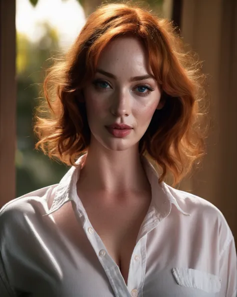 christina_hendricks,((wearing a oversized white shirt that reads "Melons")), outdoor, denim, oversized t-shirt, ((sharp face, de...