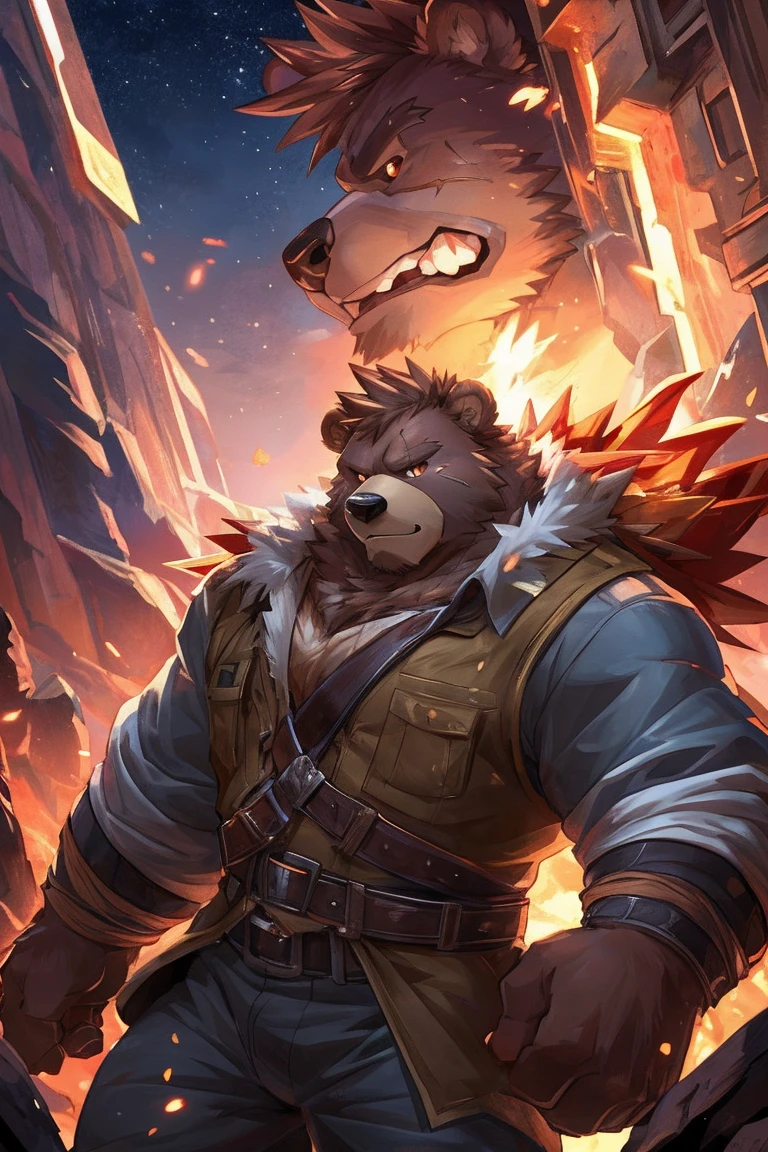 human nature, Wildlife, male,36 years old，Uncle， solitary, ((Round Face, The face is plump,Orange eyes,thick brown hair，Furry little ears with scars)), ((Endomorph, Handsome的，Hot Blood)), （construction worker，White architectural clothing，Holding a military long knife), ((domestic brown bear, Bear Orc，) Fluffy fur, Fluffy), Bokeh, (high quality, high resolution, masterpiece), (Dynamic Lighting, Vibrant colors，Natural fill light), (Revitalize，Handsome，), Full body picture (close up), cartoon, author：Takemoto Arashi, From zixiong, By Chunni, author：Empty Ghost，moonlight，Draw the sword on the cliff，Lean on your teammates&#39; backs，Two-player combat，Night，Surrounded，Beautiful starry sky，（background：moonlight的悬崖边）