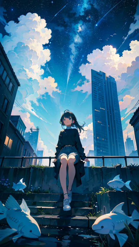 masterpiece, exquisite detail,highest quality, one girl, alone, handrail, cloud, looking up at the buildings,long hair, zero, lo...