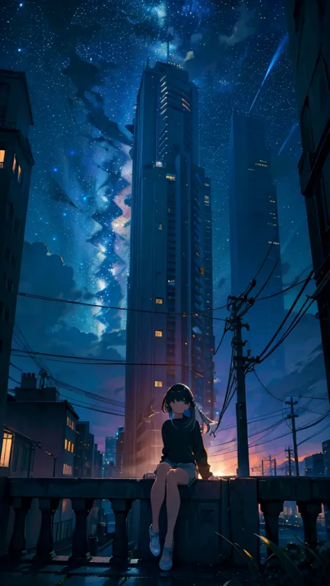 masterpiece, exquisite detail,highest quality, one girl, alone, handrail, cloud, looking up at the buildings,long hair, zero, lo...