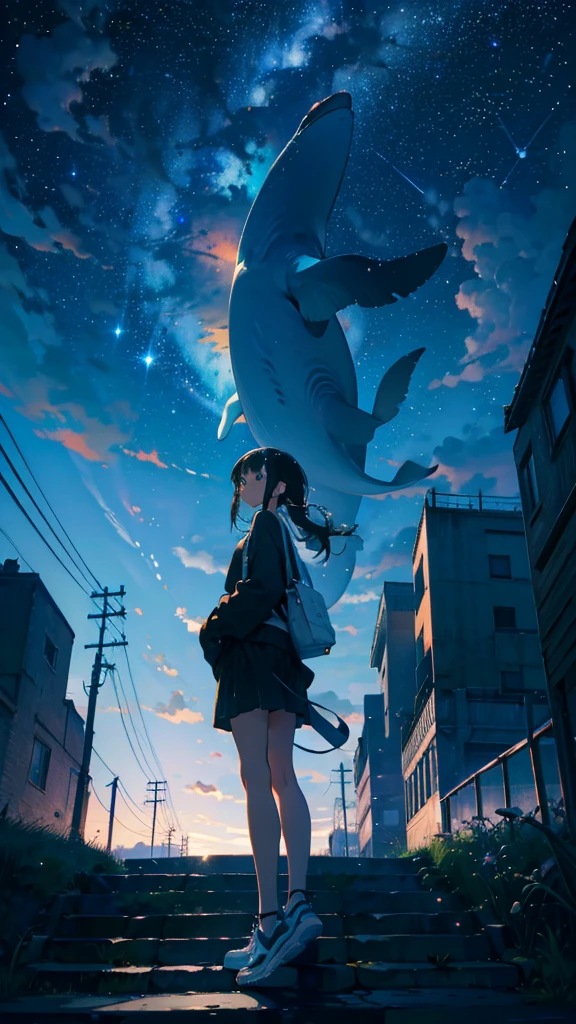 masterpiece, Exquisite detail,Highest quality, One girl, alone, handrail, cloud, Looking up at the buildings,Long Hair, zero, Long sleeve, Power lines, White footwear, Black Hair, View your viewers, Electric pole, bangs, cloudy zero, fish, bird, Green Eyes, Shorts, Day, Black Shirt, barefoot,Whale flying in the sky,Giant whale,night,Star,milky way,night,Pitch black,Buildings,Standing and looking up