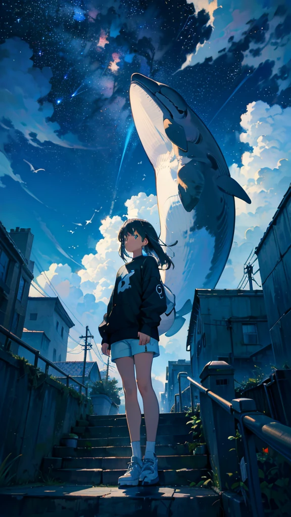 masterpiece, Exquisite detail,Highest quality, One girl, alone, handrail, cloud, Looking up at the buildings,Long Hair, zero, Long sleeve, Power lines, White footwear, Black Hair, View your viewers, Electric pole, bangs, cloudy zero, fish, bird, Green Eyes, Shorts, Day, Black Shirt, barefoot,Whale flying in the sky,Giant whale,night,Star,milky way,night,Pitch black,Buildings,Standing and looking up