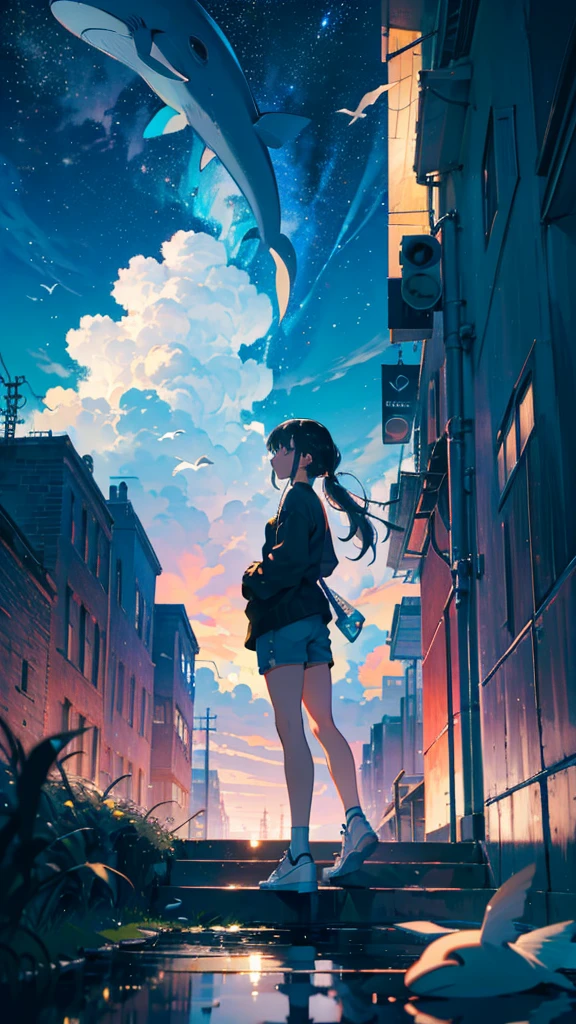 masterpiece, Exquisite detail,Highest quality, One girl, alone, handrail, cloud, Looking up at the buildings,Long Hair, zero, Long sleeve, Power lines, White footwear, Black Hair, View your viewers, Electric pole, bangs, cloudy zero, fish, bird, Green Eyes, Shorts, Day, Black Shirt, barefoot,Whale flying in the sky,Giant whale,night,Star,milky way,night,Pitch black,Buildings,Standing and looking up