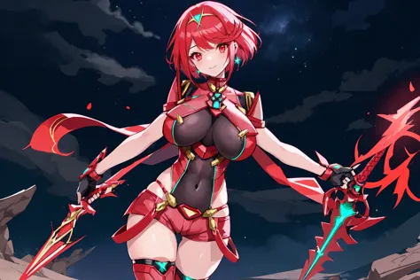 pyra \(xenoblade\), young_teen_1girl, armor, bangs, black gloves, breasts, red eyes, closed mouth, earrings, eyelashes, fingerle...