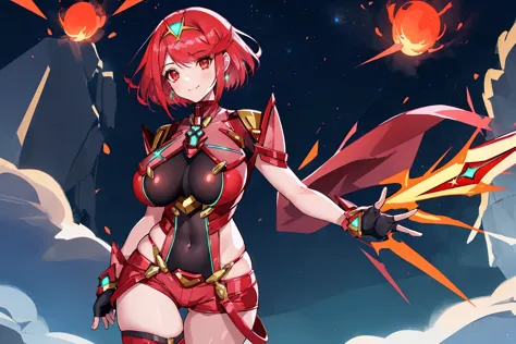 pyra \(xenoblade\), young_teen_1girl, armor, bangs, black gloves, breasts, red eyes, closed mouth, earrings, eyelashes, fingerle...