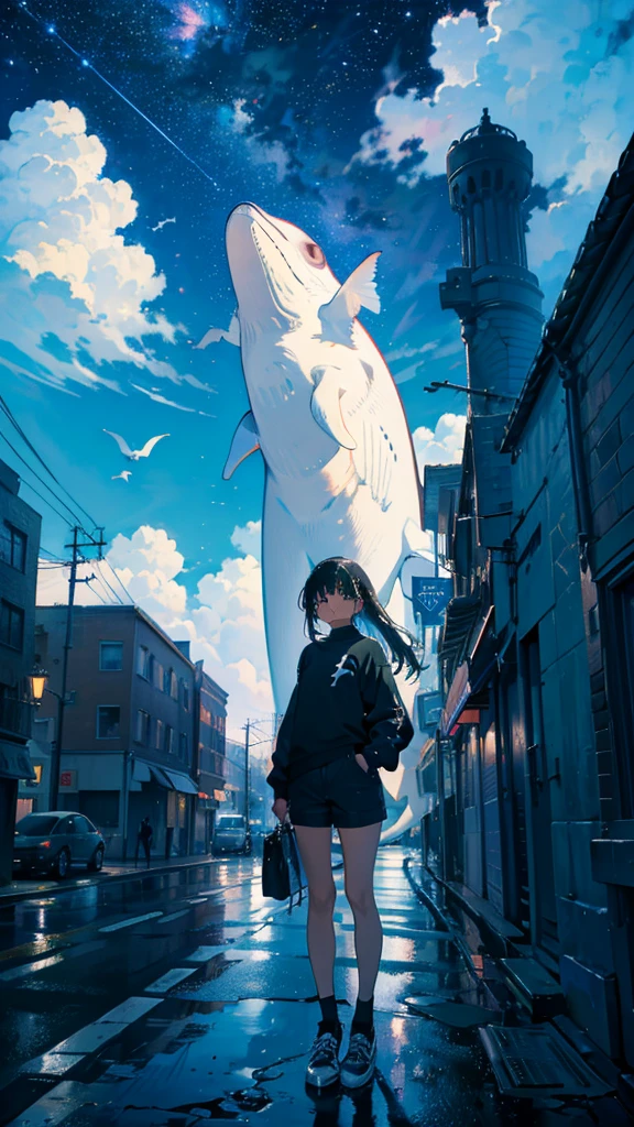 masterpiece, Exquisite detail,Highest quality, One girl, alone, handrail, cloud, Looking up at the buildings,Long Hair, zero, Long sleeve, Power lines, White footwear, Black Hair, View your viewers, Electric pole, bangs, cloudy zero, fish, bird, Green Eyes, Shorts, Day, Black Shirt, barefoot,Whale flying in the sky,Giant whale,night,Star,milky way,night,Pitch black,Buildings,Standing and looking up