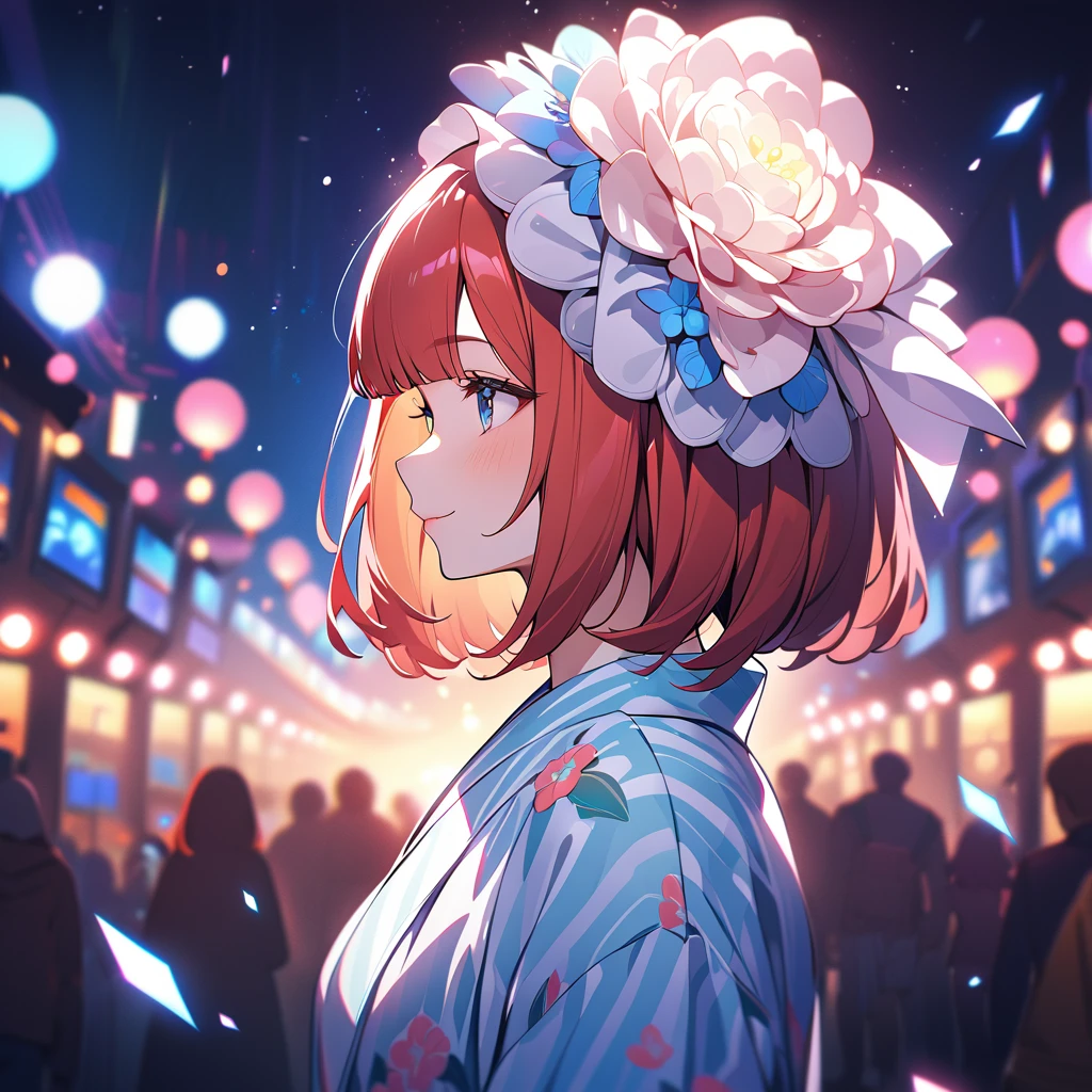 1 girl,Redhead Bob Cut、Long Bangs、Blue Eyes、Light blue floral yukata 、smile、From the front towards you、profile,In 8K, Surreal, Lens flare,A fun atmosphere, Shine, In detail, complicated, Many colors, Bright lighting,Lighting illuminates the face、Trending on Art Station,, Surreal,, Extremely detailed, Unreal Engine 5, masterpiece, Highest quality、Upper Body、Festival、firework