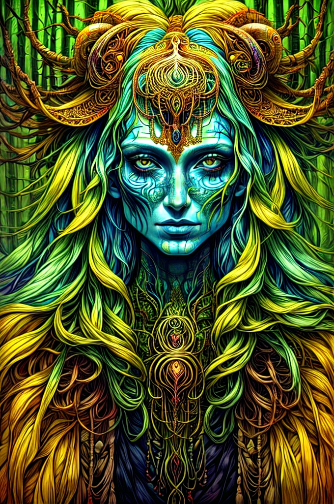 woman in a mythical forest, work of art, face perfect, details Intricate, horror theme not style by xk3mt1ks, colorfully, on neutral background 