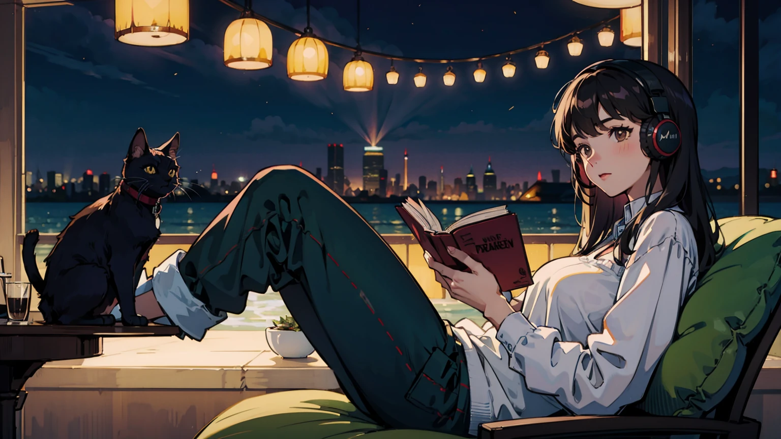 best quality, 8k, 1990s style,2010s hairstyles, 21 year old girl, black hair, long hair, light brown eyes, city pop, pants ,night view, wearing headphones,reading a book, whole body,  relax coffee,table,confection,Looking at me, Black cat
