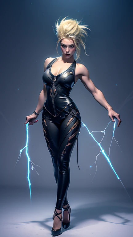 High-resolution ultra detailed photography and ultra detailed representation of the body and face of a 35 year old light-skinned woman with a muscular feminine figure, full body pose swinging dancing in a clearing at night and a starry sky looking into the camera, clothing biomechanical women's vest with zippers and a biomechanical leggings and biomechanical high Heels, clothes in ying and yang styles and colors, hairstyle braided mohawk haircut, bright colored Japanese large tattoos, Model has a tall height Full body, biomechanical Clothing 