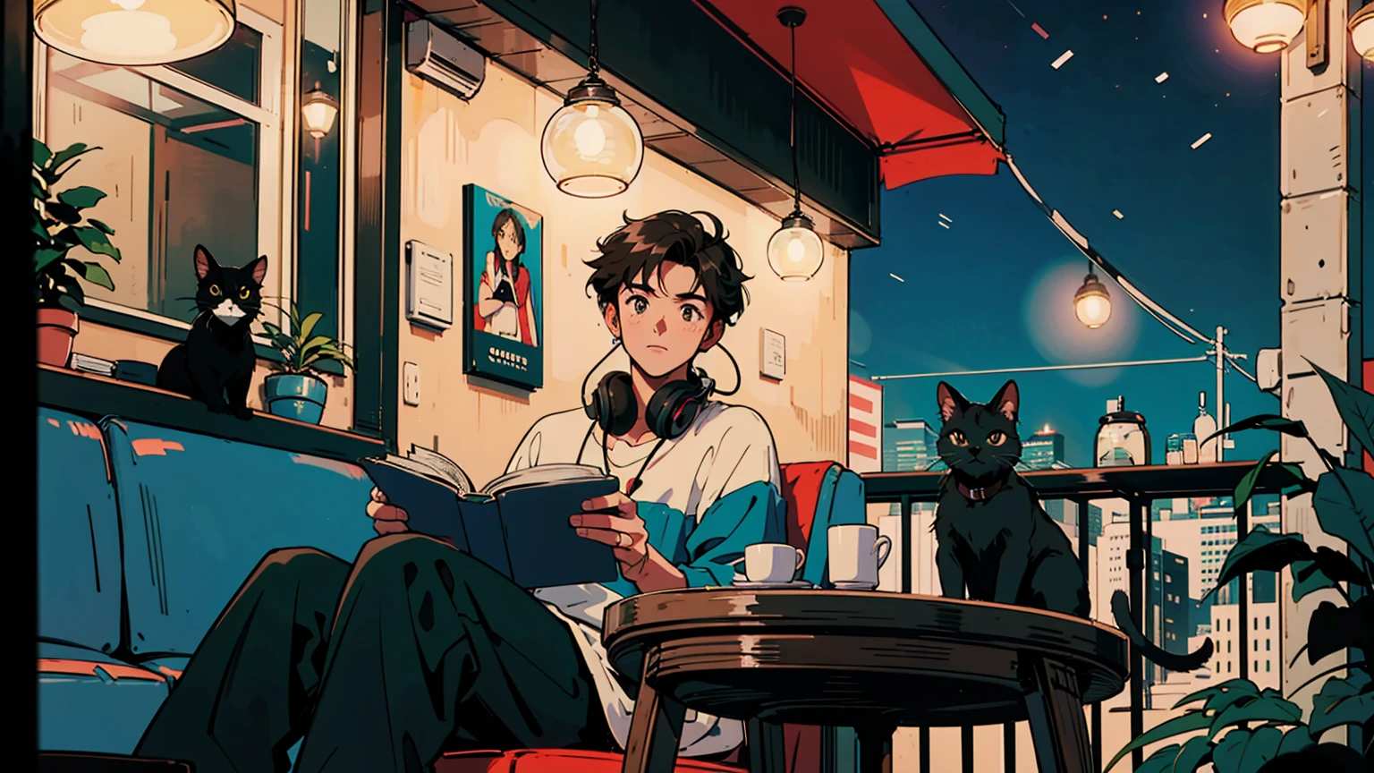 best quality, 8k, 1990s style,2010s hairstyles, 21-year-old boy, black hair, light brown eyes, city pop, pants ,night view, wearing headphones,reading a book, whole body,  relax coffee,table,confection,Looking at me, Black cat
