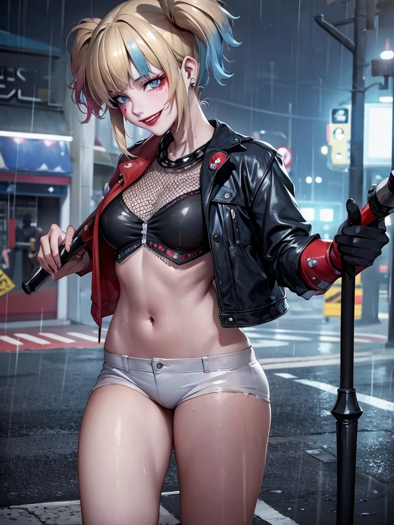 Harley queen. You stand in the middle of the street, under heavy rain. clothes stuck to his body and soaked. without underwear. smiling. with a classic outfit, holding his metal baseball bat in his hands. 