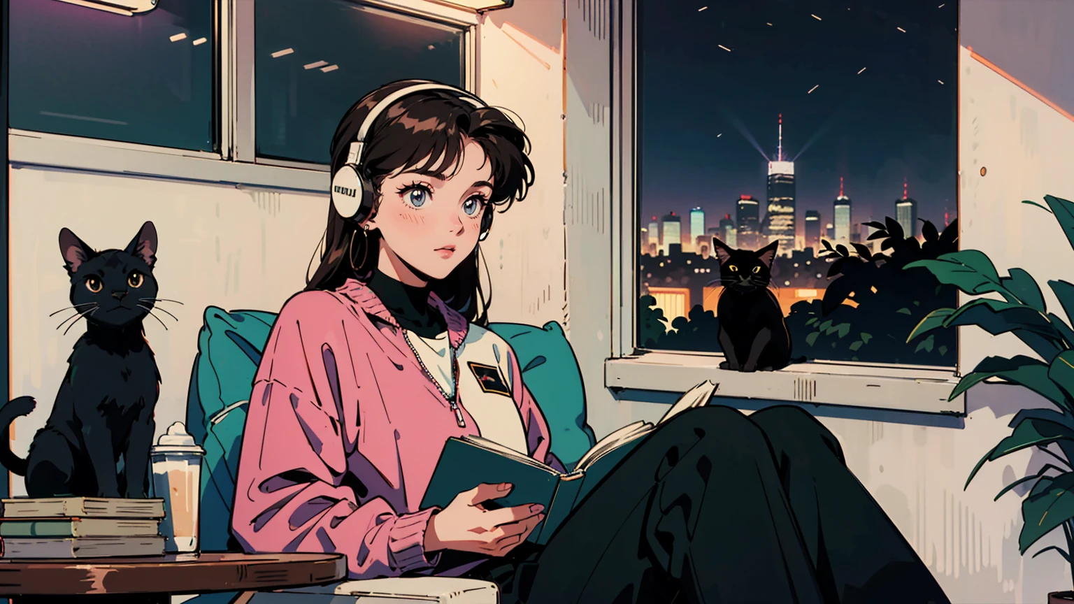 best quality, 8k, 1990s style,2010s hairstyles, 21 year old girl, black hair, long hair, light brown eyes, city pop, pants ,night view, wearing headphones,reading a book, whole body,  relax coffee,table,confection,Looking at me, Black cat
