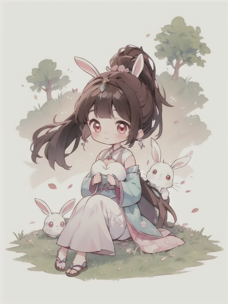 Meilleure qualité, Joli bébé à la peau claire,anime chibi,chibi, Longs cheveux bruns，Queue de cheval haute，((Ornements de cheveux d’oreilles de lapin)),shouhui,Mignon，Yeux roses,（((tout le corps))），assis sur l&#39;herbe，des arbres，chute de pétales roses，Jupe longue blanche，se délecter,Jupe longue，Motif argenté，1fille,jambes nues,gros seins,clivage，couleurs vives，fond de couleur unie,Ligne de bordure noire，fond blanc，fond de couleur unie，bijoux，bijoux