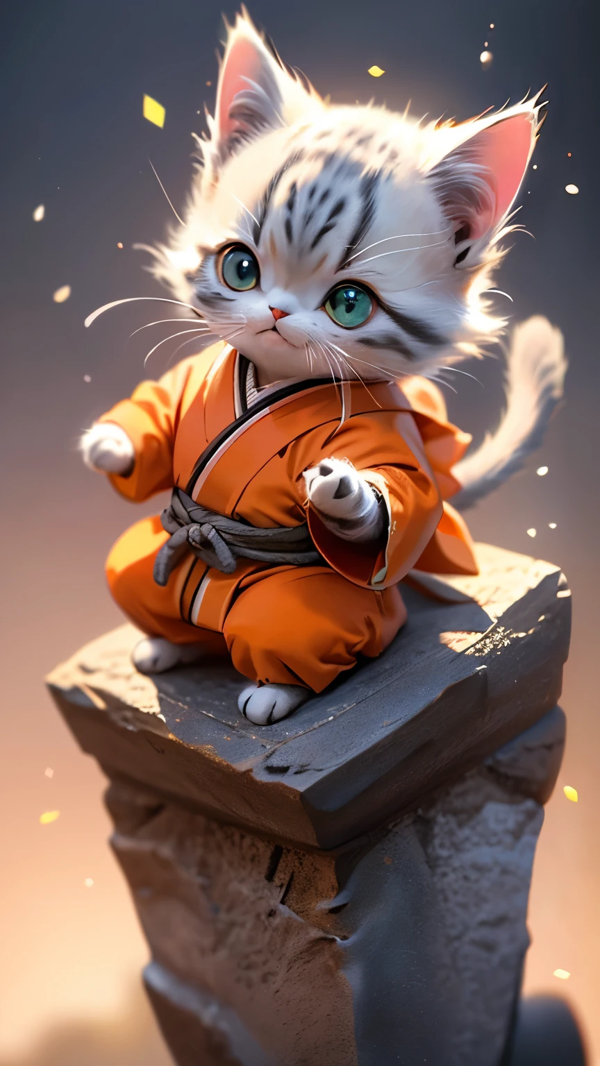 ((gray kitten)), with big blue eyes, ((only gray fur)), Dragon Ball, It is on the planet Namec, Capsule corporation, combat clothing from the dragon ball series, ((orange kimono)), Dragon Ball, waving the paw in the air, curved pata, in focus, beautiful, adorable eyes, depth of field, Dreamer, trend on Artstation, depth of field, bokeh, chromatic aberration effect, beautiful cat