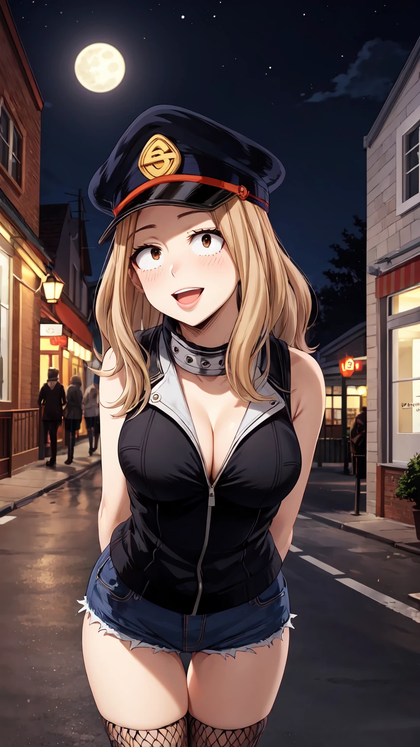 Masterpiece ,best quality , high resolution , (face view , look at view , (pov front view) , (pov from front)) , (1 girl solo:1.38) , (camie, long hair, brown hair, brown eyes, peaked cap , lipstick , eyeliner)) , (slim , tall , slender , thin) , (cleavage:1.05) , (big breast:1.06) , (wear top tank , fishnet_stockings ,  sleeveless , denim_micro_short , stockings , (arms behind back , hand behind back) , (leaning forward:1.35) , ( outdoor , night , lamp , moonlight , road , on street , in front of shop ) , (open mouth , smile , full face blush , shy ) , (standing , thighs ) , (cowboy_shot)