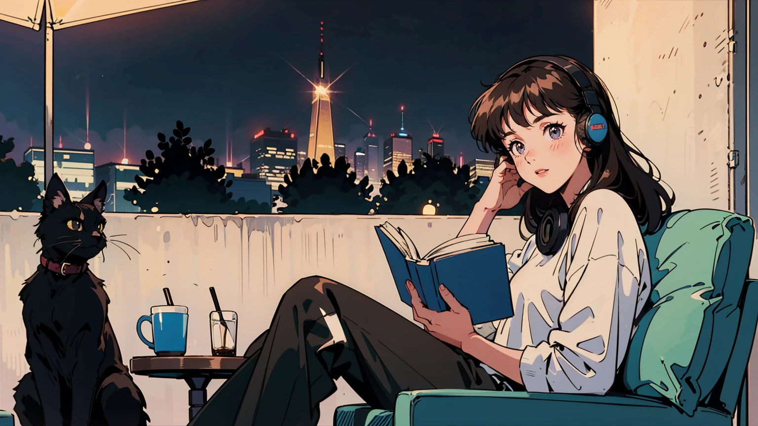 best quality, 8k, 1990s style,2010s hairstyles, 21 year old girl, black hair, long hair, light brown eyes, city pop, pants ,night view, wearing headphones,reading a book, whole body,  relax coffee,table,confection,Looking at me, Black cat
