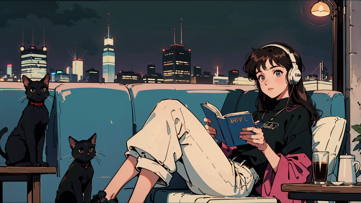 best quality, 8k, 1990s style,2010s hairstyles, 21 year old girl, black hair, long hair, light brown eyes, city pop, pants ,night view, wearing headphones,reading a book, whole body,  relax coffee,table,confection,Looking at me, Black cat
