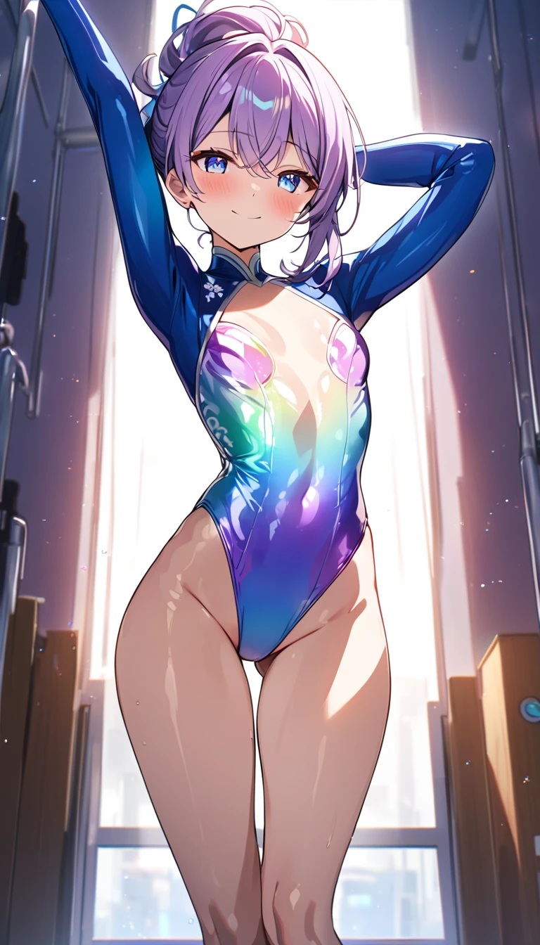 highquality illustration, masterpiece, very delicate and beautiful, attractive girl,(gymnastics leotard, Floral patterns leotard,long sleeve leotard with glittery decoration,high_leg leotard,athletic leotard,tight-fit leotard,iridescent gradient leotard,long-sleeve leotard),thin,slender body,slim,high school,gymnasium background,gymnastics club,gymnastics athlete,princess, beautiful eyes,light smile,(masterpiece, best quality:1.2), highres, extremely detailed CG unity 8k wallpaper, perfect lighting, Colourful, ultra-high res,4K,ultra-detailed, photography, 8K, HDR, 17 ages,cowboy shot,