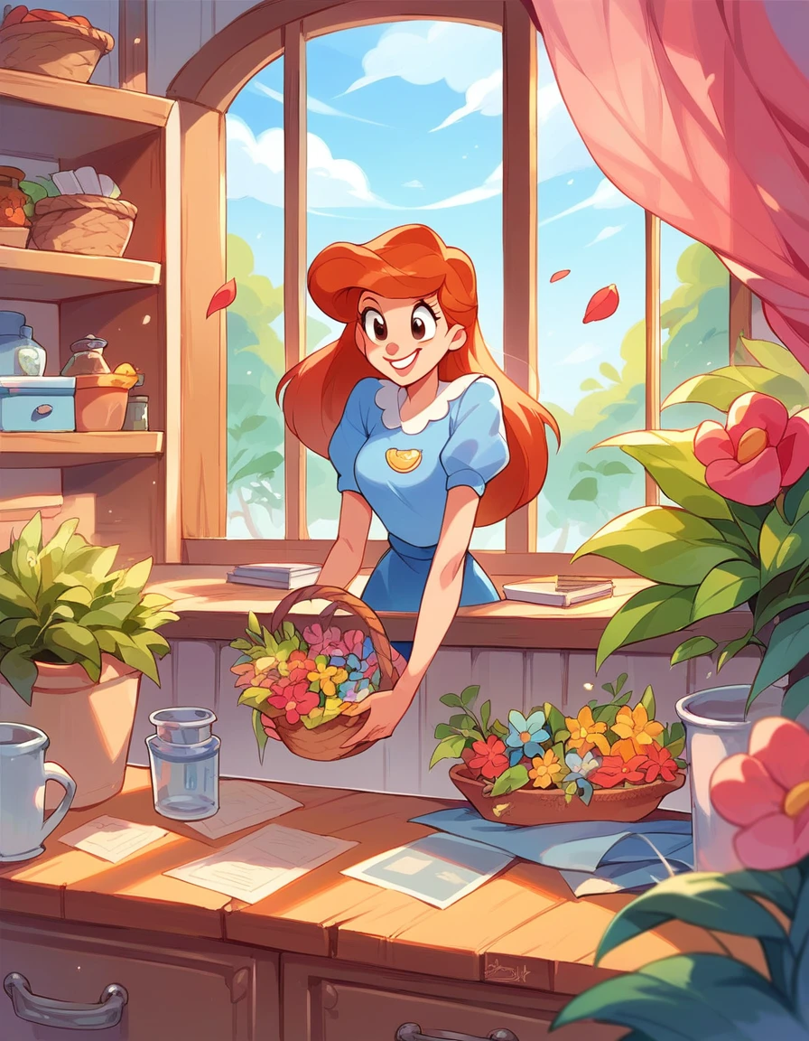 (Disney super mom), long hair, smiling, playing with her son, rainbows, flowers, window, (drawer and basket)