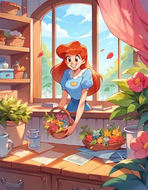 (disney super mom), long hair, smiling, playing with her son, rainbows, flowers, window, (drawer and basket)