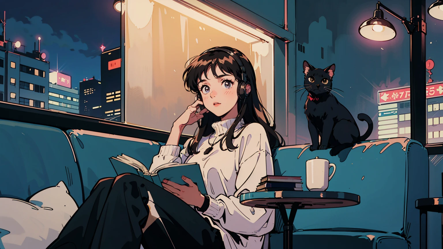 best quality, 8k, 1990s style,2010s hairstyles, 21 year old girl, black hair, long hair, light brown eyes, city pop, pants ,night view, wearing headphones,reading a book, whole body,  relax coffee,table,confection,Looking at me, Black cat
