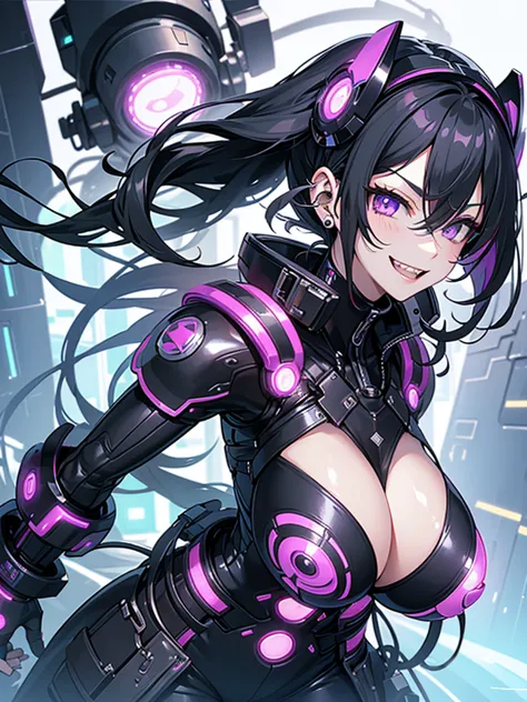 woman、early 20s、cyber punk、wicked smile、black hair、long hair、multicolored hair、purple eyes、breast enhancement、sexy、sexyなポーズ、tigh...