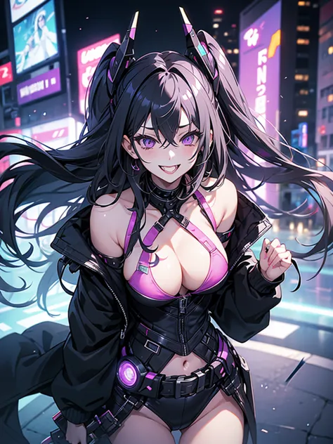 woman、early 20s、cyber punk、wicked smile、black hair、long hair、multicolored hair、purple eyes、breast enhancement、sexy、sexyなポーズ、tigh...