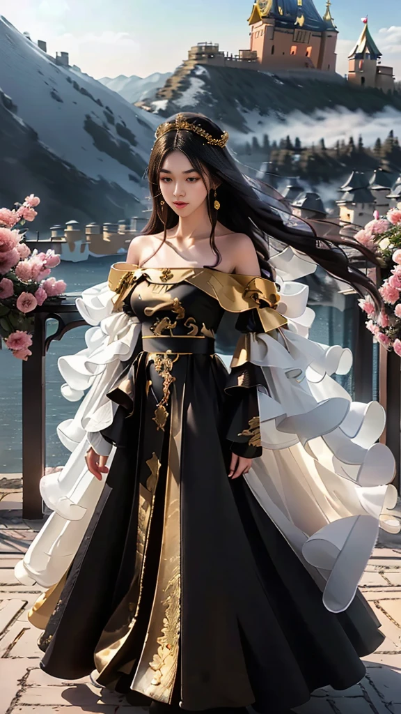 Girl in traditional Chinese clothing, Hanfu, Guzhen Hanfu women, White Hanfu,(long straight black hair:1.5), black eyes, black bun hairstyle, hair accessories ,gold long earrings, , Dia Necklace, Clear eyes, Facing forward,put on makeup, Long eyelashes ,(black long shoulder coat:1.8), (Very long skirt, black:1.5), ((Whole body covering)), Clear face, hair accessoriesจำนวนมาก , (Very beautiful face, Beautiful mouth, beautiful eyes), detailed face, ((Ultra-fine skin)), In the dark, deep shadows, an ancient Chinese girl (Very slim figure 1.3) ,Plump breasts, elegant posture , There is a red flower spot on the forehead. , pointing at the camera, (european castle:1.9),(nighttime:1.2) , (water around:1.2)