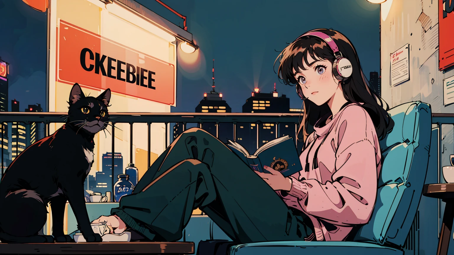 best quality, 8k, 1990s style,2010s hairstyles, 21 year old girl, black hair, long hair, light brown eyes, city pop, pants ,night view, wearing headphones,reading a book, whole body,  relax coffee,table,confection,Looking at me, Black cat
