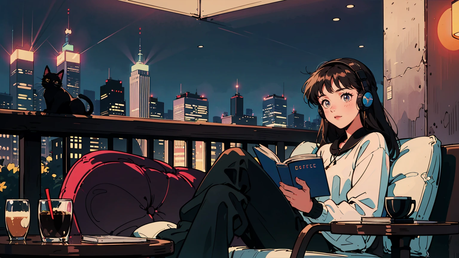 best quality, 8k, 1990s style,2010s hairstyles, 21 year old girl, black hair, long hair, light brown eyes, city pop, pants ,night view, wearing headphones,reading a book, whole body,  relax coffee,table,confection,Looking at me, Black cat
