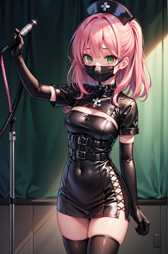 black nurse, 1girl, solo, black nurse cap, black nurse uniform, ((black legwear, zettai ryouiki)), black elbow gloves, pink hair, green eyes, drooping eyes, ((black surgical mask, covered nose)), standing, ((surgery room)), sharp outline, short sleeves, best quality, masterpiece