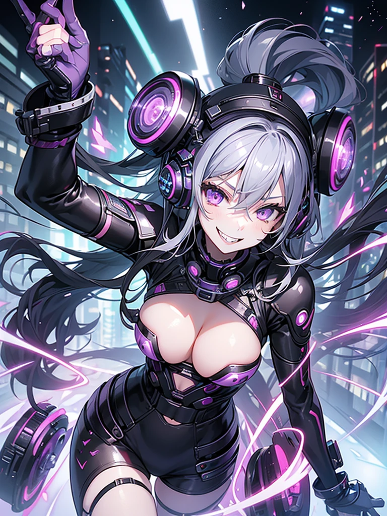 woman、Early 20s、cyber punk、Wicked Smile、Black Hair、Long Hair、Multicolored Hair、Purple Eyes、breast enhancement、sexy、sexyなポーズ、Tight combat suit、R-18