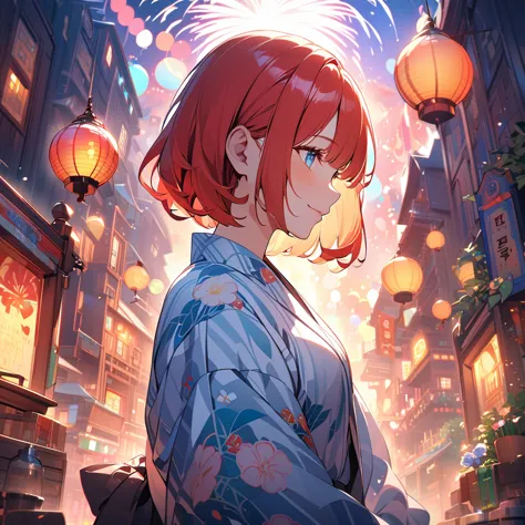 1 girl,Redhead Bob Cut、Long Bangs、Blue Eyes、Light blue floral yukata 、smile、From the front towards you、profile,In 8K, Surreal, L...