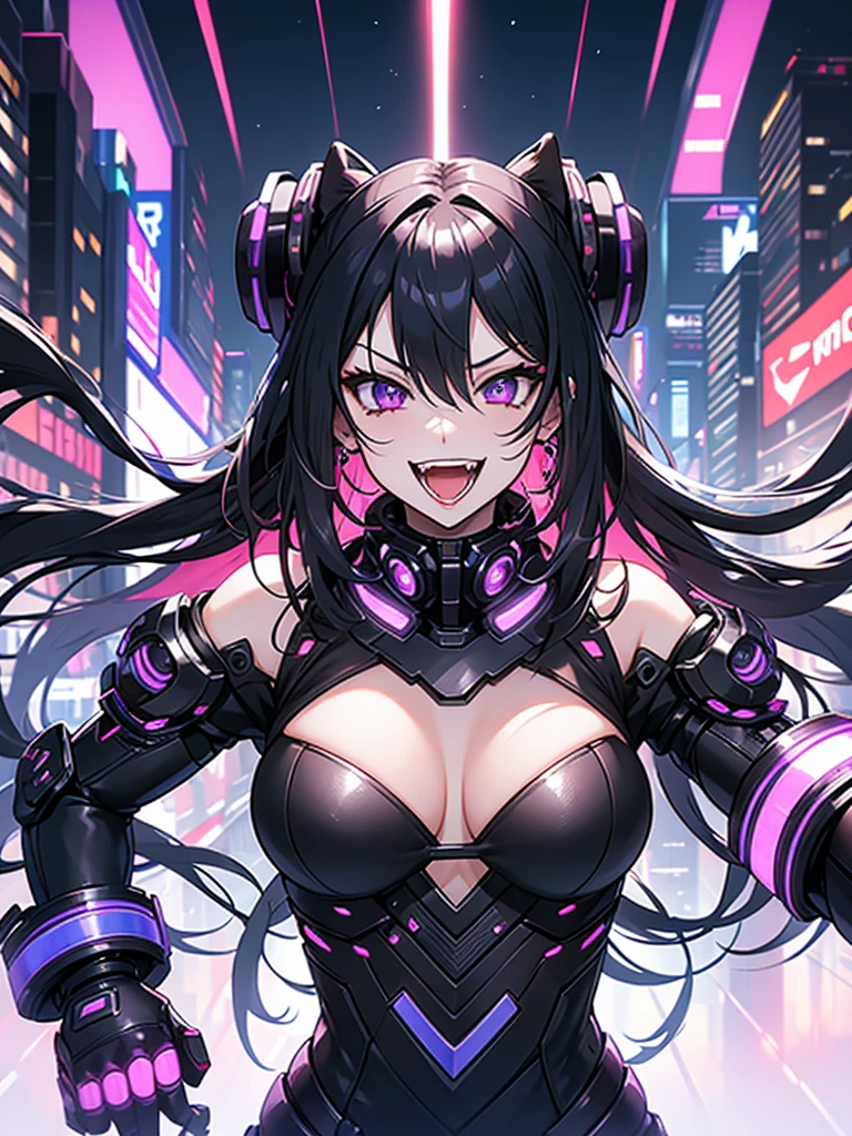 woman、Early 20s、cyber punk、Wicked Smile、Black Hair、Long Hair、Multicolored Hair、Purple Eyes、breast enhancement、sexy、sexyなポーズ、Tight combat suit、R-18