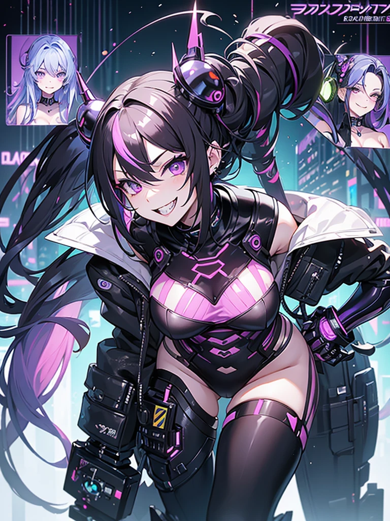 woman、Early 20s、cyber punk、Wicked Smile、Black Hair、Long Hair、Multicolored Hair、Purple Eyes、breast enhancement、sexy、sexyなポーズ、Tight combat suit、R-18