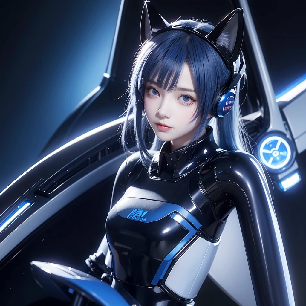 Cat ear helmet、Blue Hair、Futuristic、Extend your right arm horizontally and point to the left of the screen、Cyber Sense、Real、フォトReal、High resolution、Robot cockpit