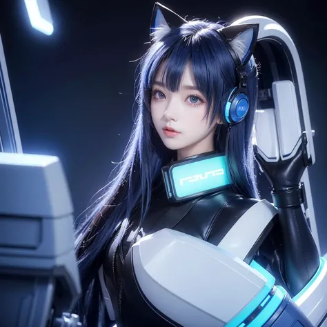 Cat ear helmet、Blue Hair、Futuristic、Extend your right arm horizontally and point to the left of the screen、Cyber Sense、Real、フォトR...