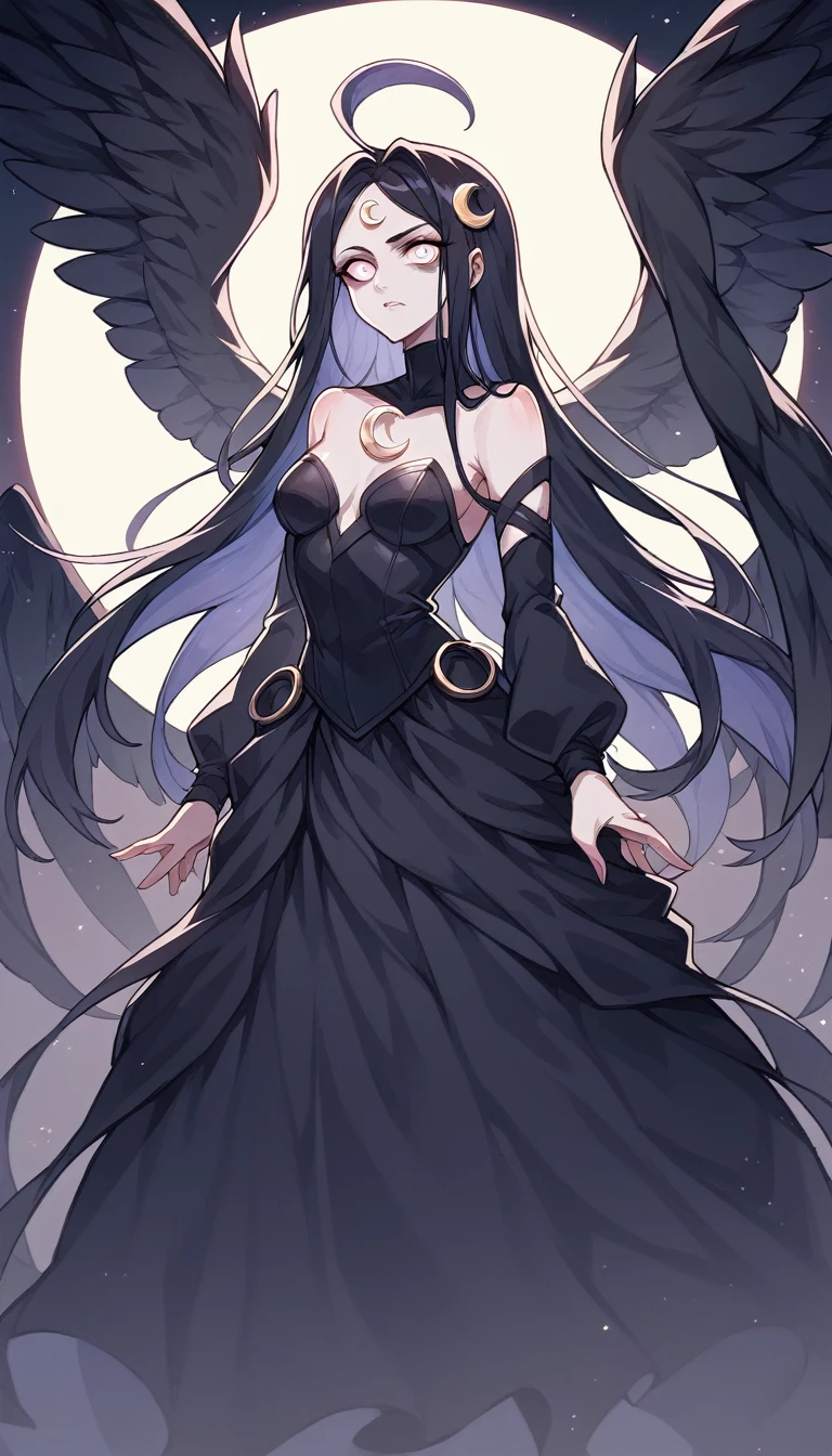 Oscuro, personaje femenino angelical de estilo anime místico en un 9:16 relación de aspecto. ella tiene mucho tiempo, cabello oscuro que fluye, con grandes alas negras y un sombrío, expresión enigmática. Ella lleva un vestido detallado, vestido de color oscuro con patrones góticos. El fondo presenta un cielo nocturno con nubes oscuras arremolinadas y una luna creciente, creando una atmósfera inquietante y cautivadora. Su postura es elegante pero poderosa, exuda una sensación de oscura seducción y misterio. La imagen debería atraer a una estética chuunibyou, incorporando elementos de fantasía y oscuridad.