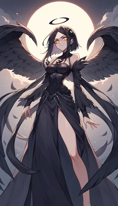 A dark, mystical anime-style female angel character in a 9:16 aspect ratio. She has long, flowing dark hair, with large black wi...