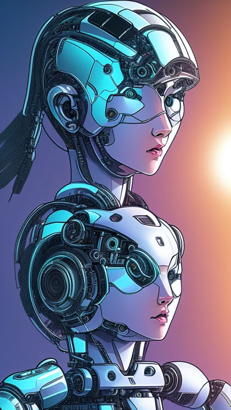 android girl, futurist, robotic part, detailded, cellular lighting, swirly vibrant colors, detailed structure, glowing eyes with...