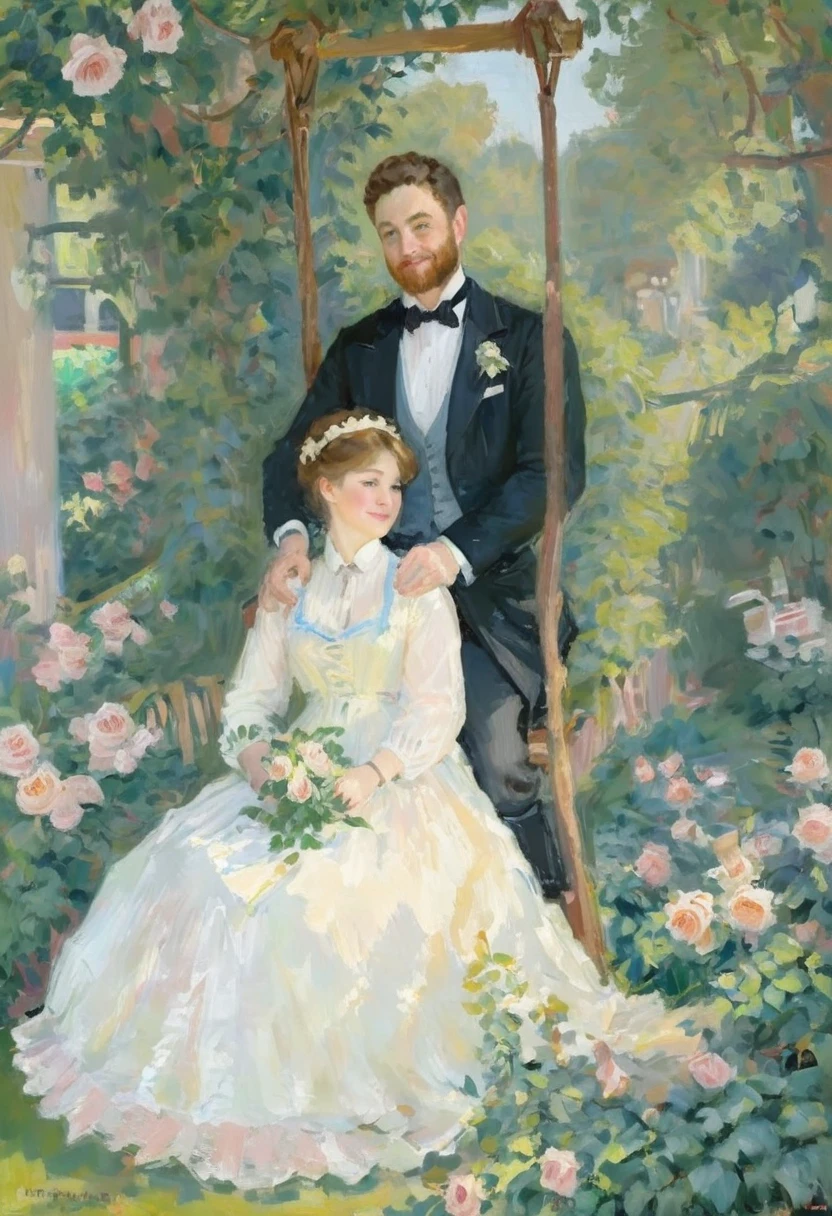 oil painting of handsome couple of hunk irish mens with a wedding suits,cuddling,in a beautiful rose swing,morning bright, warm vibrant,by monet x beatrix potter,soft shadows,masterpiece,baroque,masterpiece,sharp details,massive level of details,trending on pinterest,