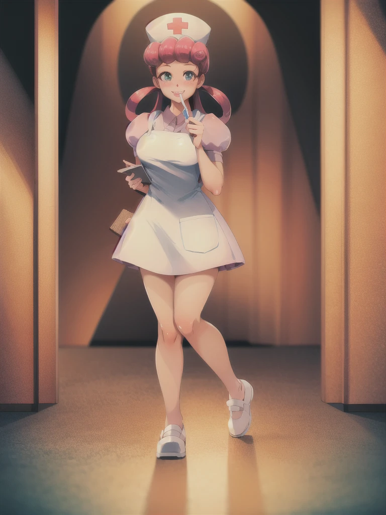 (masterpiece, Highest quality:1.2), nurse joy, Pokemon, blue eyes, Mouth closed, Long Hair, Pink Hair, Short sleeve, nurse, blush, Holding, puffy Short sleeve, Large Breasts, Puff sleeves, nurse cap, One girl, View your viewers, smile, alone, Have, dress, apron, Hair Ring, clipboard