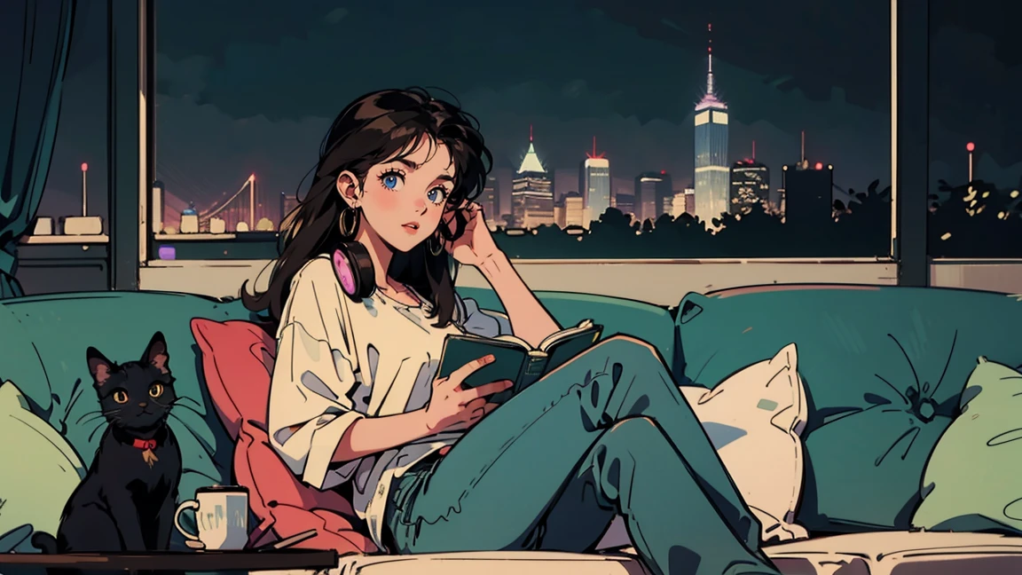 a girl in 1990s style with 2010s hairstyle, beautiful detailed eyes, beautiful detailed lips, extremely detailed eyes and face, long eyelashes, black hair, long hair, bright brown eyes, citypop, jeans, night cityscape, wearing headphones, reading a book, full body, relaxing with coffee, table, snacks, looking at camera, black cat