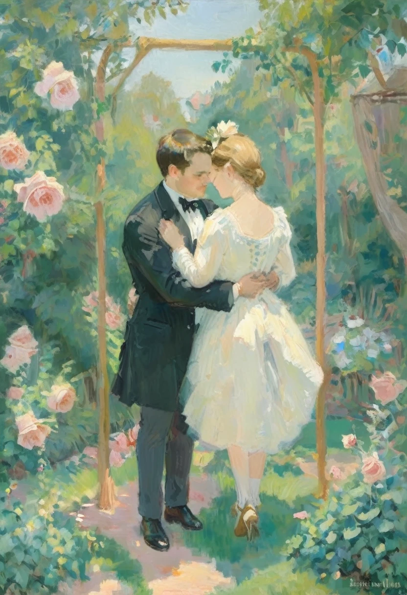 oil painting of handsome couple of hunk irish mens with a wedding suits,cuddling,in a beautiful rose swing,morning bright, warm vibrant,by beatrix potter,soft shadows,dreamy,etheral atmosphere,masterpiece,baroque,masterpiece,sharp details,massive level of details,trending on pinterest,