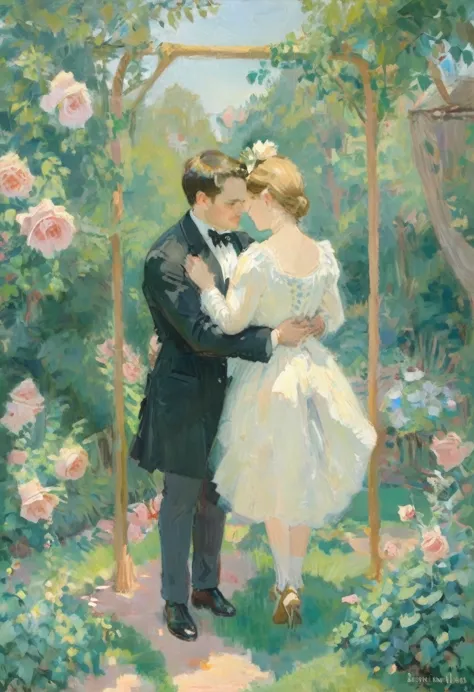 oil painting of handsome couple of hunk irish mens with a wedding suits,cuddling,in a beautiful rose swing,morning bright, warm ...