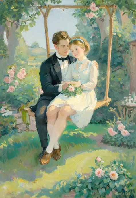 oil painting of handsome couple of hunk irish mens with a wedding suits,cuddling,in a beautiful rose swing,morning bright, warm ...