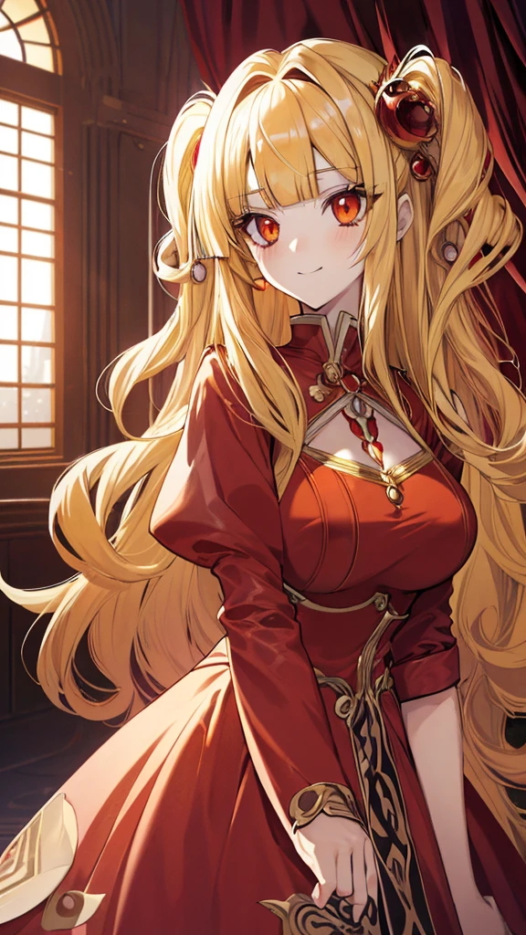 best quality, extremely detailed,anime style girl,((wavy)) long hair,((((blunt bangs)))),(hair between eyes),((bright blond hair)),beautiful detailed eyes,Orange eyes,Sharp eyes with many eyelashes,huge breasts,(((scarlet princess dress))),Complicated pattern,hair ornament,Luxurious room in castle,smile,dynamic angle